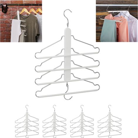 Set 5 Perchas Ahorra Espacio con Varilla Colgar Pantalones, 4 Colgadores Camisas en 1, Trajes, Madera/Metal, Blanco