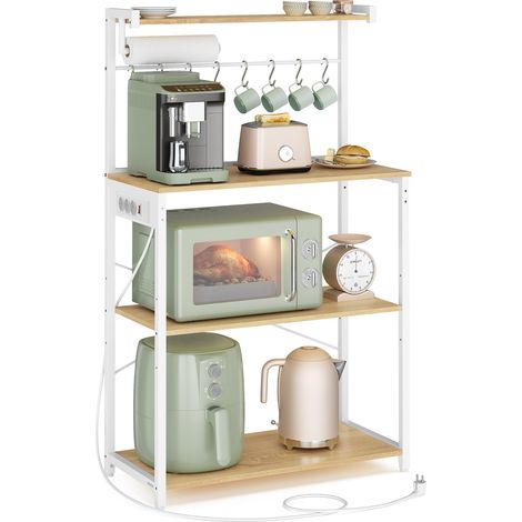 VASAGLE Scaffale da Cucina con Multipresa, Bar Caffèa 4 Ripiani con 8 Ganci a S, Ripiano Regolabile, Supporto per Microonde, 40 x 80 x 140 cm, Rovere Dorato e Bianco Nuvola KKS029YA02 (1/5)