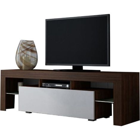 Dusine – Meuble TV Spider A LED 160 cm – Noyer mat avec porte blanc laqué – Éclairage LED intégré – Montage facile (1/3)