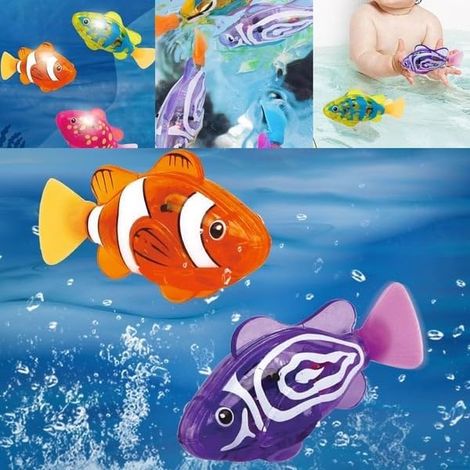 FISHISWIM Set di 4 pesci robot nuotatori in plastica, per tutte le età, arancione, rosso, viola e giallo, 7,6 x 3,5 cm (1/5)