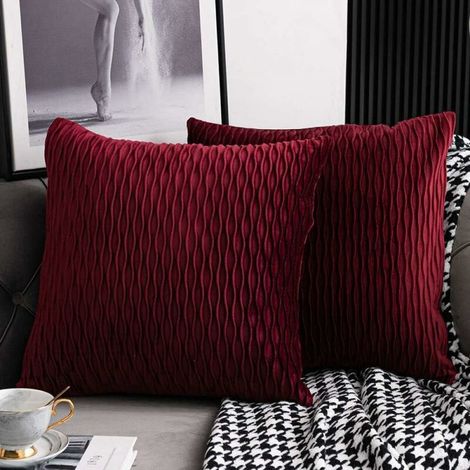 Burgundy Cushion Covers: Set of 2 Striped Velvet Square Decorative Pillowcases 18" x 18" for Bedroom Sofa (1/3)