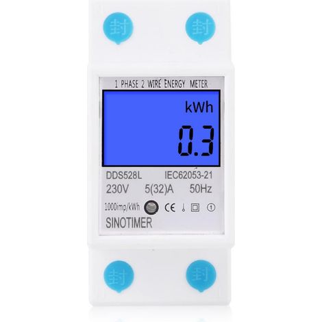 Compteur électrique, Compteur D'Énergie 230V 5 (32) A 2 fils 2P Écran Numérique LCD avec rail DIN Monophasé Électronique Rail-Électronique d'alimentation numérique KWh (1/5)