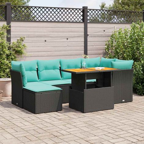Salon de jardin 7 pièces en résine tressée noire avec coussins bleus et table relevable - PANGIVO (1/5)