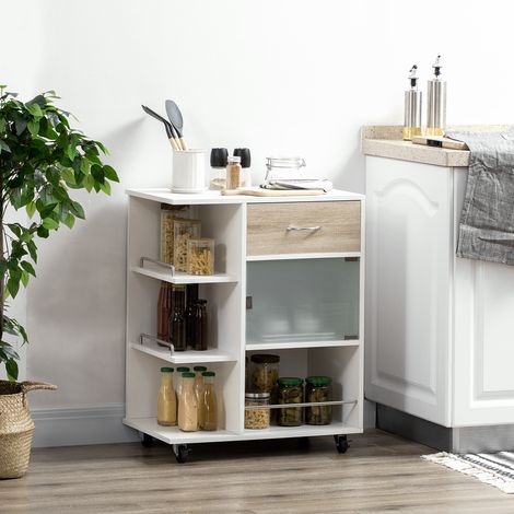 Desserte de cuisine îlot central cuisine roues pivotantes 360° étagères avec barrières 65 x 39 x 80 cm blanc
