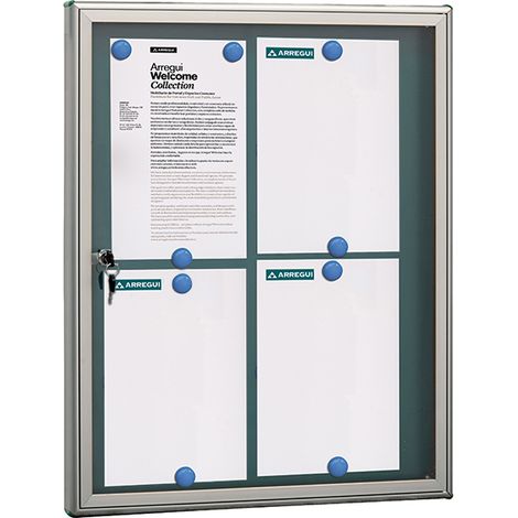 ARREGUI PAN72 Schaukasten aus Aluminium für 4 DIN A4 Blätter  Wetterfester Schaukasten  Magnetischer Infokasten mit Schlüssel  Infoboard  Infotafel  8 Magnete inkl.  69 x 55 x 4,7 cm  silber