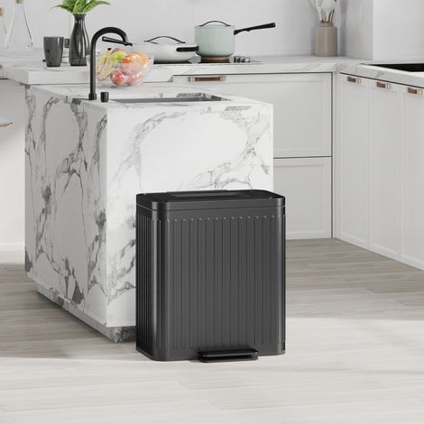 Poubelle cuisine tri déchets 2 bacs 20L, poubelle double compartiment avec pédale, noir, matériaux plastique et métal