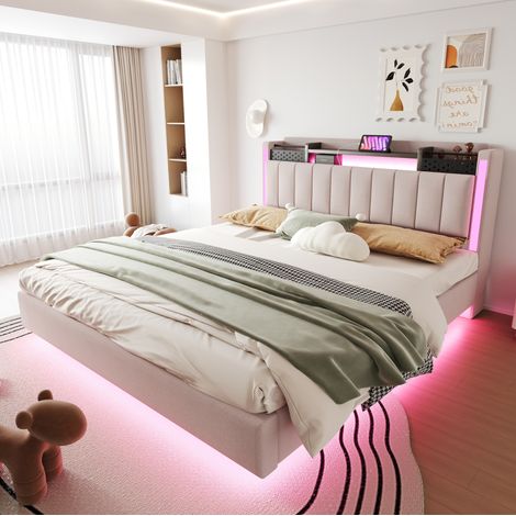 Cama matrimonio tapizada 160x200 con LED y USB OKMYHOME (1/5)