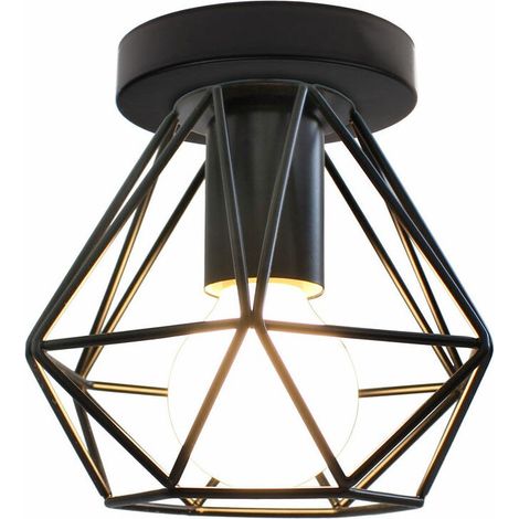 – Plafonnier industriel en métal noir – Forme diamant – Douille E27 – Tension 220-240V – Taille abat-jour 16x15cm – Luminaire salon couloir (1/5)
