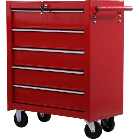 easycomfort carrello porta utensili con 5 cassetti, serratura, 2 chiavi e manubrio parete smontabile 2 ruote con freno in lamiera d'acciaio eva rosso 67,5x33x77cm