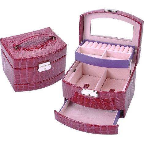 Boîte à bijoux pour femme, boîte à bijoux de voyage portable en cuir verrouillable à 3 niveaux avec miroir et serrure pour filles, bague, boucles d'oreilles, collier(Violet) (1/5)