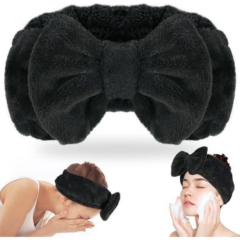 Bandeau, bandeau de maquillage en polaire douce avec joli nœud, élastique pour se laver le visage, prendre soin de son visage (Noir) (1/4)