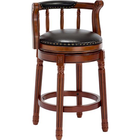 Sgabello da bar girevole 360° in legno con schienale e seduta in pelle nera 66 cm (1/5)