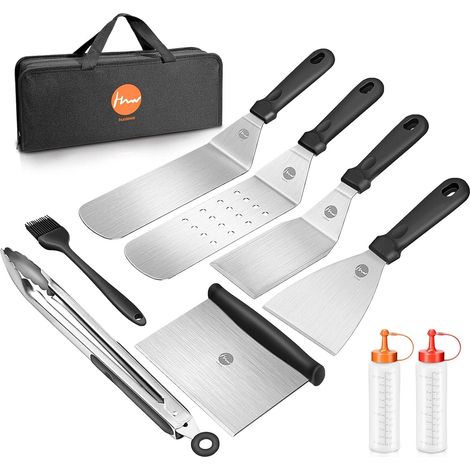 9 Pcs Ensemble de Spatule en Acier Inoxydable, Ensemble d'accessoires pour Plaque chauffante Professionnelle BBQ, Barbecue Spatule ustensiles Set, Spatule Plancha pour Teppanyaki (1/5)