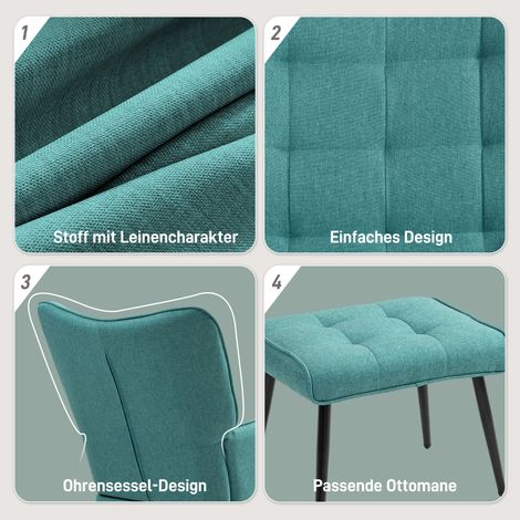 Berceuse avec repose-pieds, assise large, dossier haut, imitation lin, vert menthe (1/4)