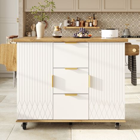 Desserte de cuisine mobile 134x46/74x88 cm avec plateau rabattable, prises USB, rangements, MDF blanc (1/5)