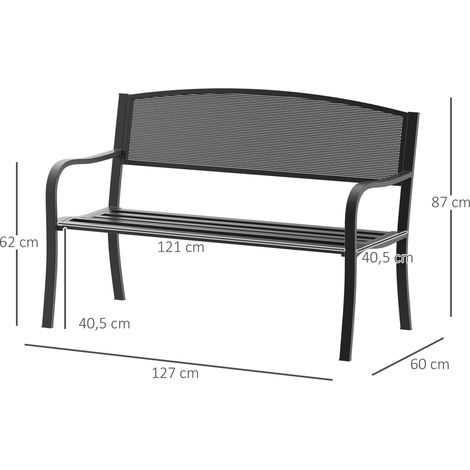 Banc de jardin Outsunny, banc de parc, 2 places, acier, noir, L 127 x P 60 x H 87 cm (1/5)