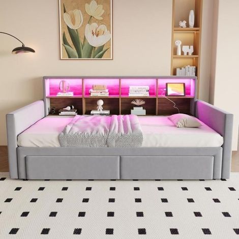 Canapé-lit gigogne - KOMHTOM - 90 x 190 cm - Extensible 180 cm - LED USB-C - Rangements intégrés (1/5)