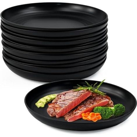 12 x Dinner Plates, 22.5 x 3 cm, Reusable Round Plates, Party Service Plates, Black, Unbreakable BPA-Free Round Plate, for Home, Dining Room, Camping, Salads, Desserts (1/5)