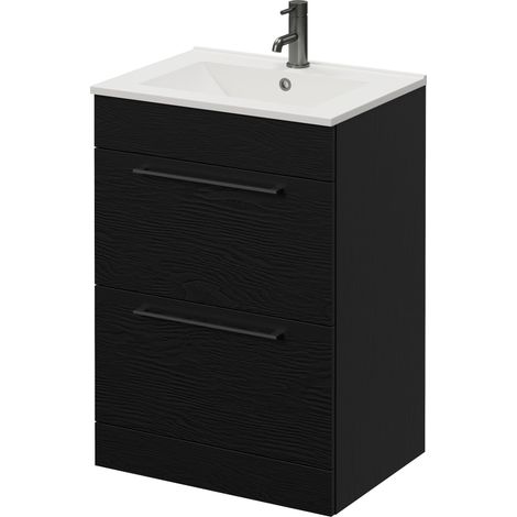 Napoli 460 Nero Oak 600mm 2 Drawer Vanity Unit with Angel Basin - 600mm - Gunmetal Grey 320mm Handle