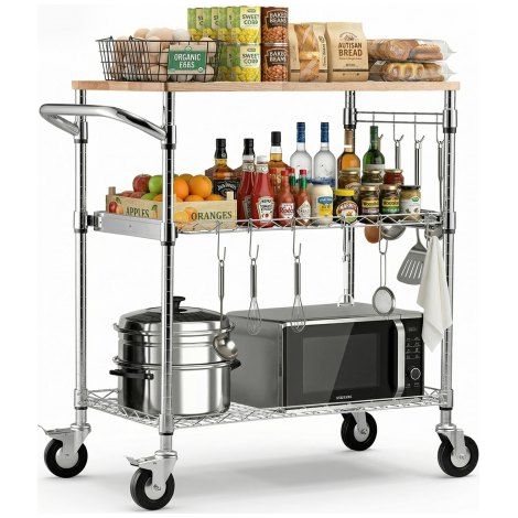 Küchenwagen mit 3 Ebenen, Schwerlast-Servierwagen bis 300 kg, Rollwagen mit Höhenverstellbaren Drahtablagen, Griff & Arbeitsplatte, Metallregal auf Rollen für Küche, Garage, 762 x 457 x 914 mm (1/5)