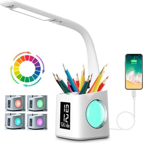 Lampe de bureau LED Eye-Caring Lampe- de Table D'étude USB(avec Porte Stylo/Écran Heure/Calendrier 3 Niveaux Dimmable) 10W, Blanc (1/5)