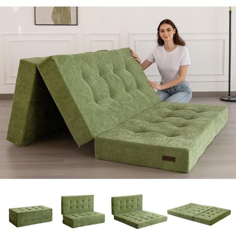 Matelas Pliant 15 cm Célibataire, Confortable de avec Tissu Chenille, Canapé-Lit de Futon à Trois Fois pour Invité, Topper Sol pour Le Camping. (1/5)
