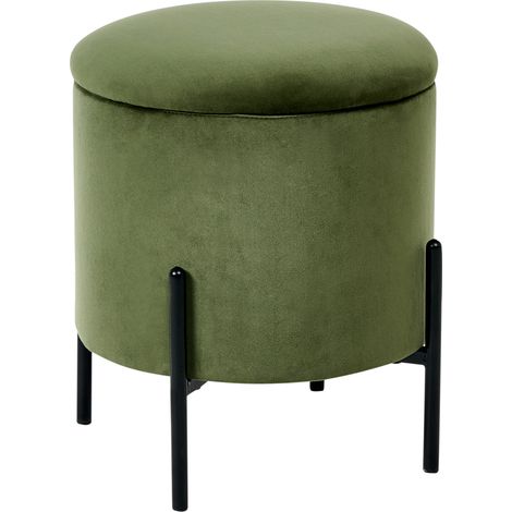 Puf con almacenaje asiento de terciopelo y base de madera reposapiés redondo mesa auxiliar verde oscuro Wenona