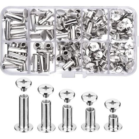 80 Jeux de Vis Chicago 5 Tailles 6 10 12 15 18Mm Vis de Reliure Goujons Rivets, pour Cuir, Reliure, Album, Bricolage