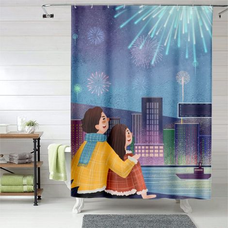 Rideau de douche romance cartoon, œillets plastique, polyester résistant (1/5)