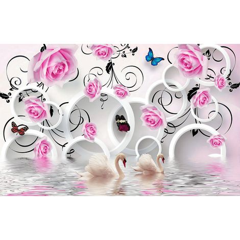 Papier peint panoramique - Fleurs Cygnes 3D - 130 cm x 82 cm (1/2)
