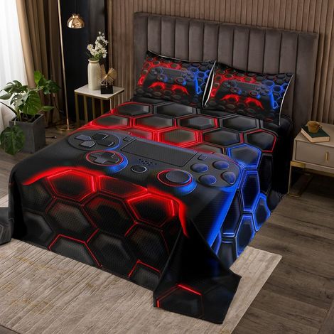 Console de Jeu Dessus de Lit 170x230 pour Garçon Fille Enfants Espace Univers Jeux Couvre-Lit Jeux Vidéo Couverture de Lit Salle de Jeux Décoration Literie Rouge Bleu Géométrique Nid d'abeille Lit - 1 (1/5)