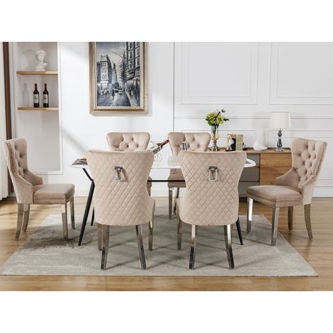 Chaise de salle à manger (chaise de cuisine et chaise de salon avec heurtoir unique au dos, lot de 6), chaise rembourrée avec garniture cloutée, pieds de soutien en métal, revêtement en velours, beige (1/5)