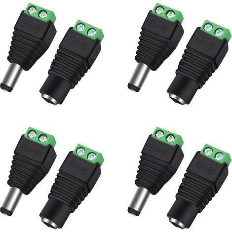 Lot de 4 paires connecteurs alimentation DC 5,5x2,1 mm mâle femelle 12V, adaptateurs caméra surveillance LED (1/5)