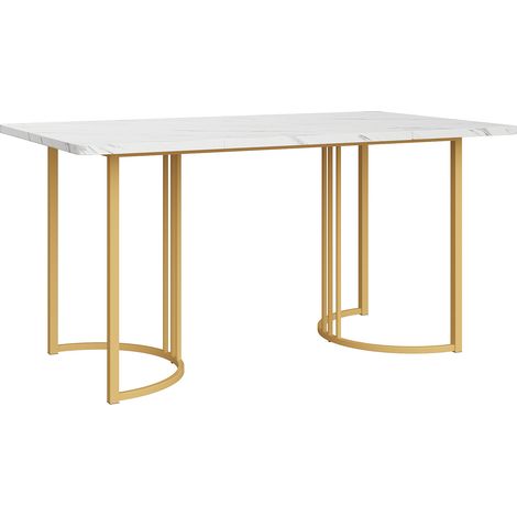 Mesa de comedor rectangular 140 x 80 cm con patas de metal, efecto mármol blanco y dorado (1/5)