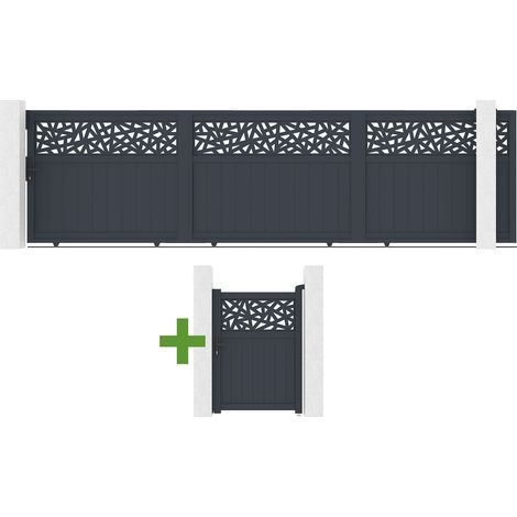 Portail coulissant 5m DOLOMITE RUIVO H.140cm aluminium gris + Portillon 1m DOLOMITE RUIVO H.140cm aluminium gris