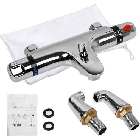 Thermostatic Bathroom Taps Modern Shower Mixer Valve Bar Anti Scald Tap with Bath Filler Spout Solid Brass (Deck Mounted) (1/5)