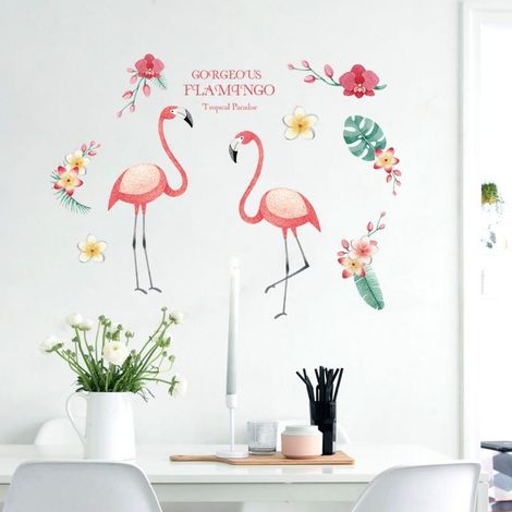 Stickers muraux flamants roses de dessin animé, papier peint décoratif pour chambre à coucher et maison (1/4)