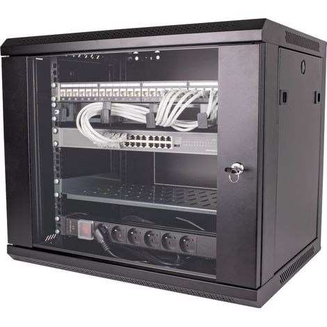 Bis-Electric – Coffret de communication 19" 9U – 24 ports RJ45 cat6A – Bloc d'alimentation intégré – Baie de brassage pour switch