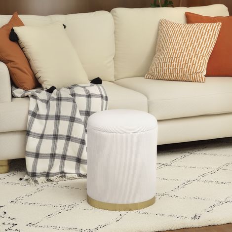 Puf de almacenamiento, puf plegable con tapa, base de acero, reposapiés redondo de 36 x 36 x 44 cm, color blanco crema. (1/5)