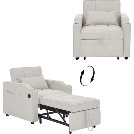 FurnitureR Fauteuil convertible canapé lit 1 place pliable avec USB Type C porte gobelet poche latérale dossier réglable tissu, Beige (1/5)