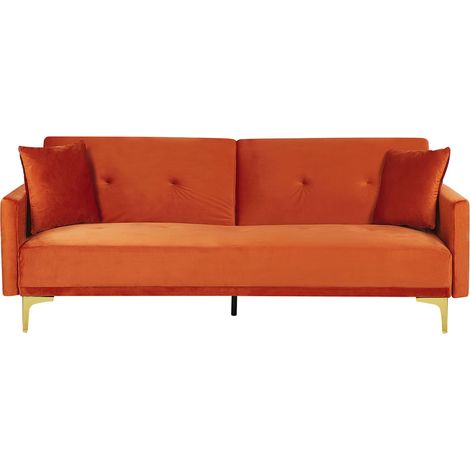 Moderno Divano Letto a 3 Posti Rivestito in Velluto Arancione Piedini Cromati Lucan