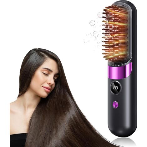 Brosse Lissante pour Cheveux, Mini Brosse Lissante Sans Fil, 4 RéGlages De TempéRature 140-199°, Portable, Multifonctionnel Cüramique Peigne Lissant une, Convient pour la Barbe et la Coiffure