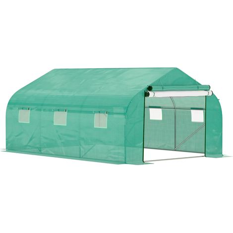 Walk-in Polytunnel Garden Greenhouse, Outdoor Mesh Door Greenhouse with PE Cover and 6 Windows, 4.5 x 3 x 2m, Green