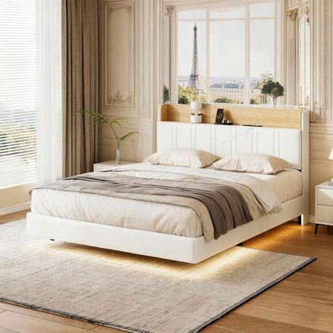 Lit 160x200 cm, USB, LED RGB, saco de tela, marco de cama para adultos 160x200 cm, PU, blanco