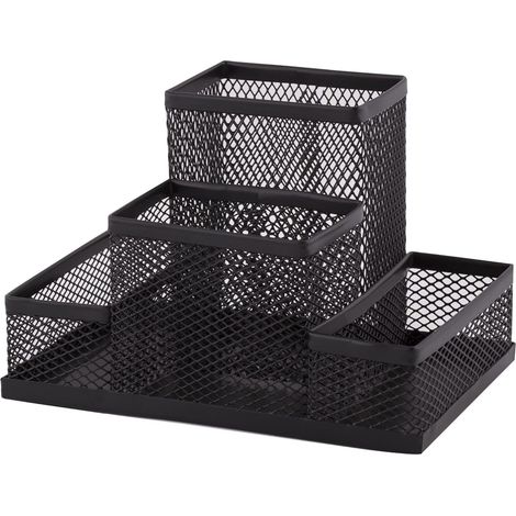 Schwarzer Schreibtisch-Organizer aus Metall/Netzgewebe, Stiftehalter + Notizhalter, 103 x 154 x 103 mm