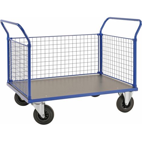 Kongamek Plattformwagen in blau 1166x700x1020mm mit MDF-Platte und 3 Gitterwänden mit Gummibereifung und Bremse