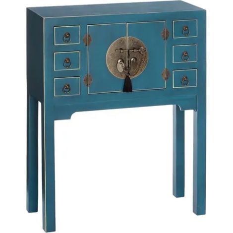 Console compacte bleue 6 tiroirs avec porte centrale esprit cabinet d'orient CALINDI
