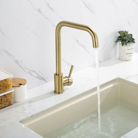 Kitchen Mixer Tap Brushed Gold 7-Shape Kitchen Faucet, 360° Rotatable Sink Mixer Tap with Detachable Aerator, SUS304 Stainless Steel Sink Faucet (1/5)
