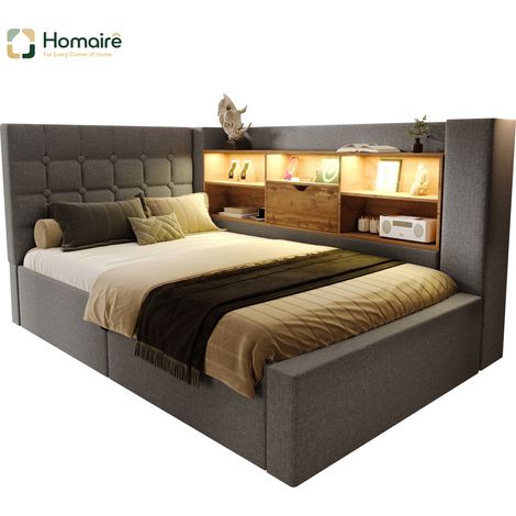 Cadre de lit gris en tissu avec rangement et port USB 213 x 108 x 86 cm HOMAIRE (1/5)