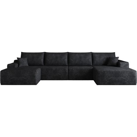 Divano modulare a L 340 cm con chaise longue, velluto a coste nero, senza montaggio (1/5)